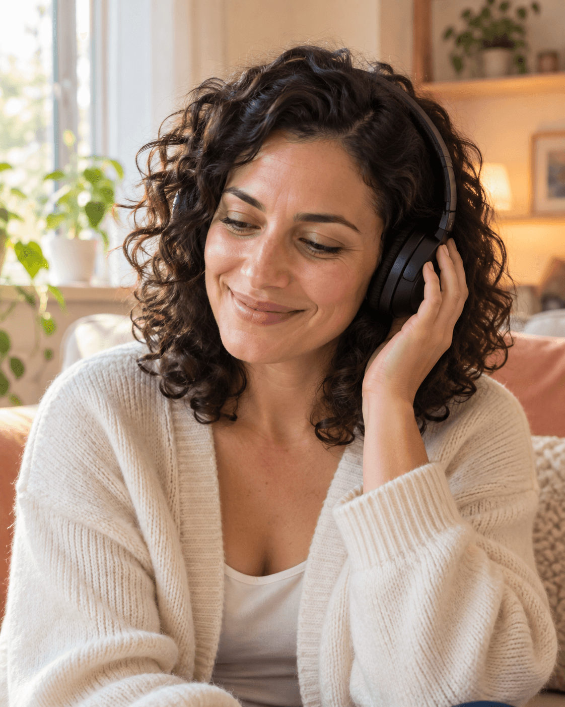 Illustrative placeholder: a woman listening with headphones