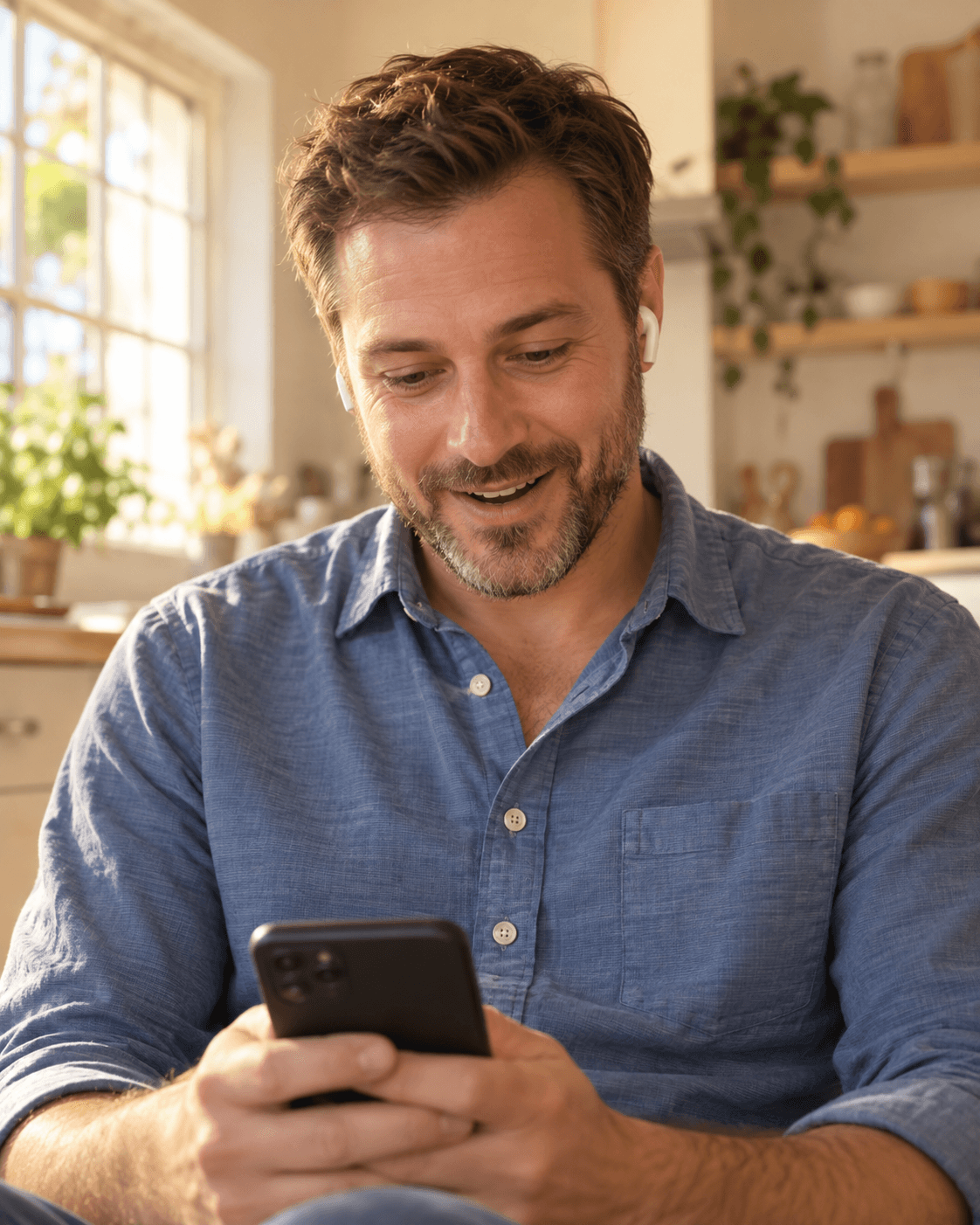 Illustrative placeholder: a man smiling while listening at home