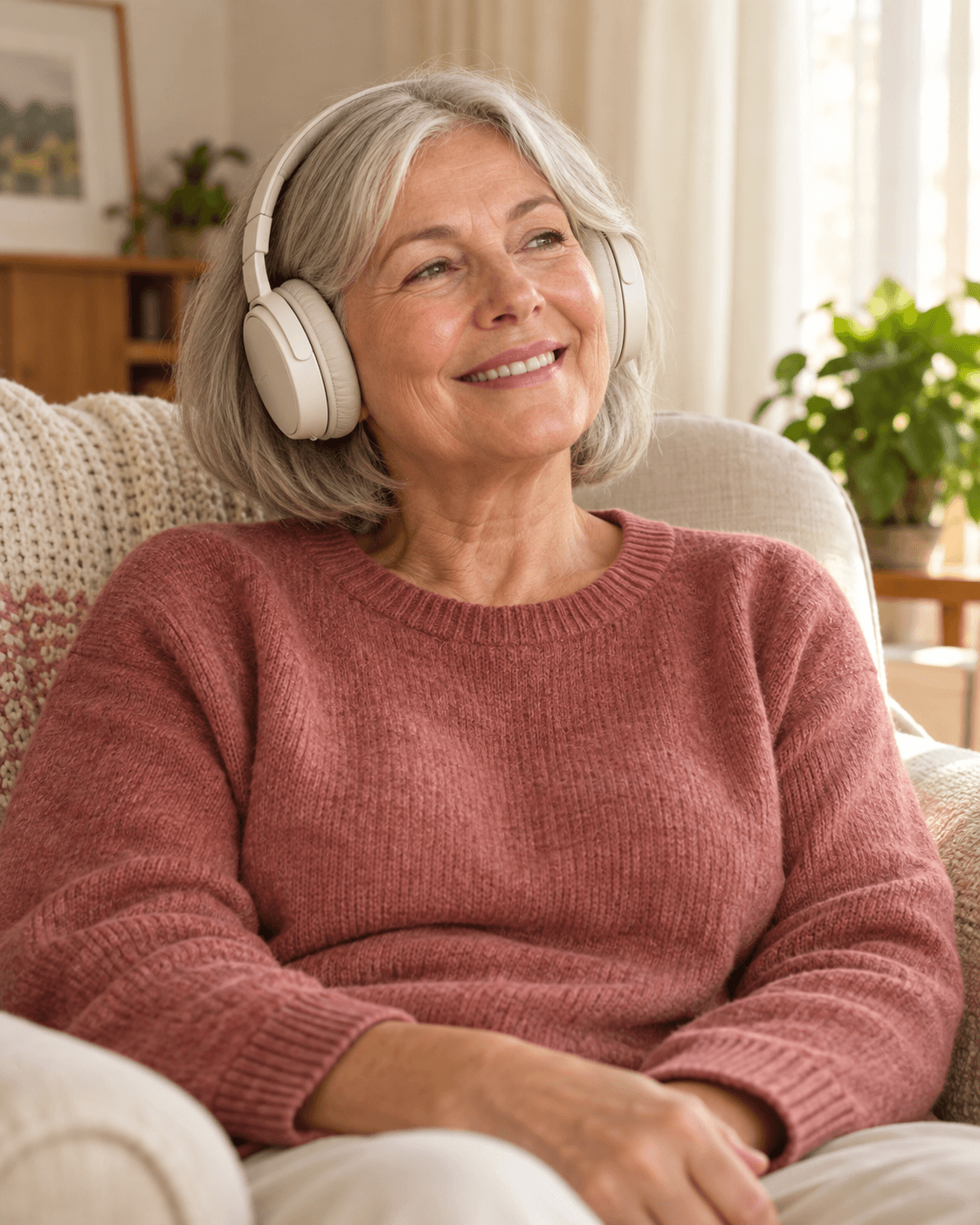 Illustrative placeholder: an older woman enjoying music with headphones